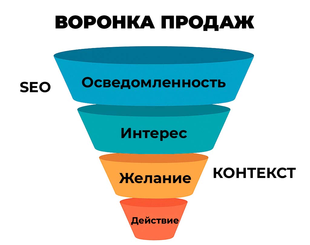 Инфографика "Воронка продаж", показывающая, как SEO работает на верхних этапах воронки (осведомленность, интерес), а контекстная реклама — на нижних (желание, действие)